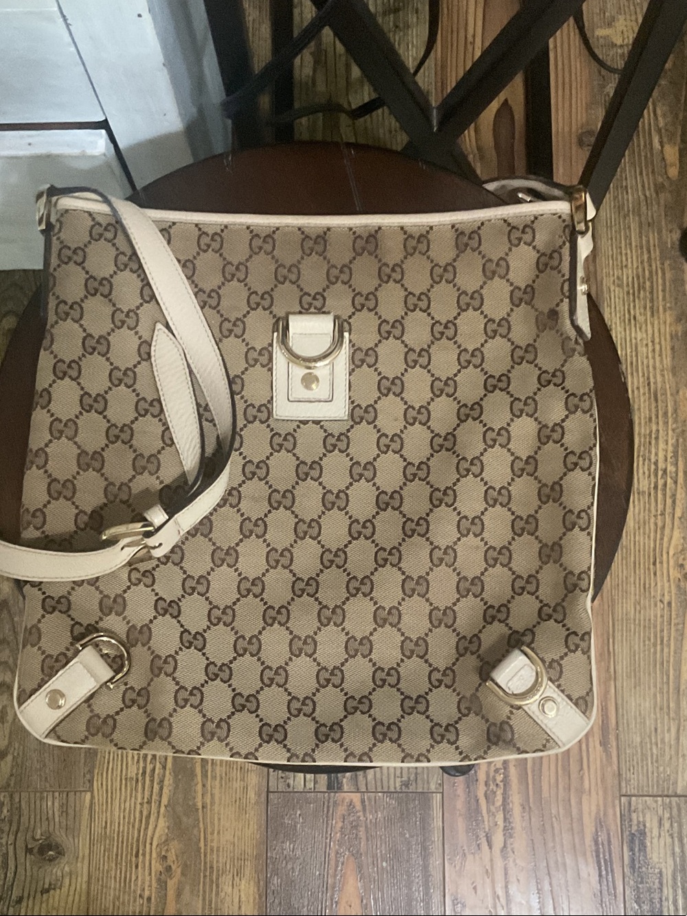 Gucci Beige Monogram Canvas Shoulder Bag with Cream Trim